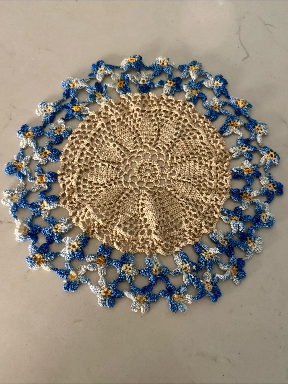 Elegant Vintage Cream and Blue Crochet Doily 10”